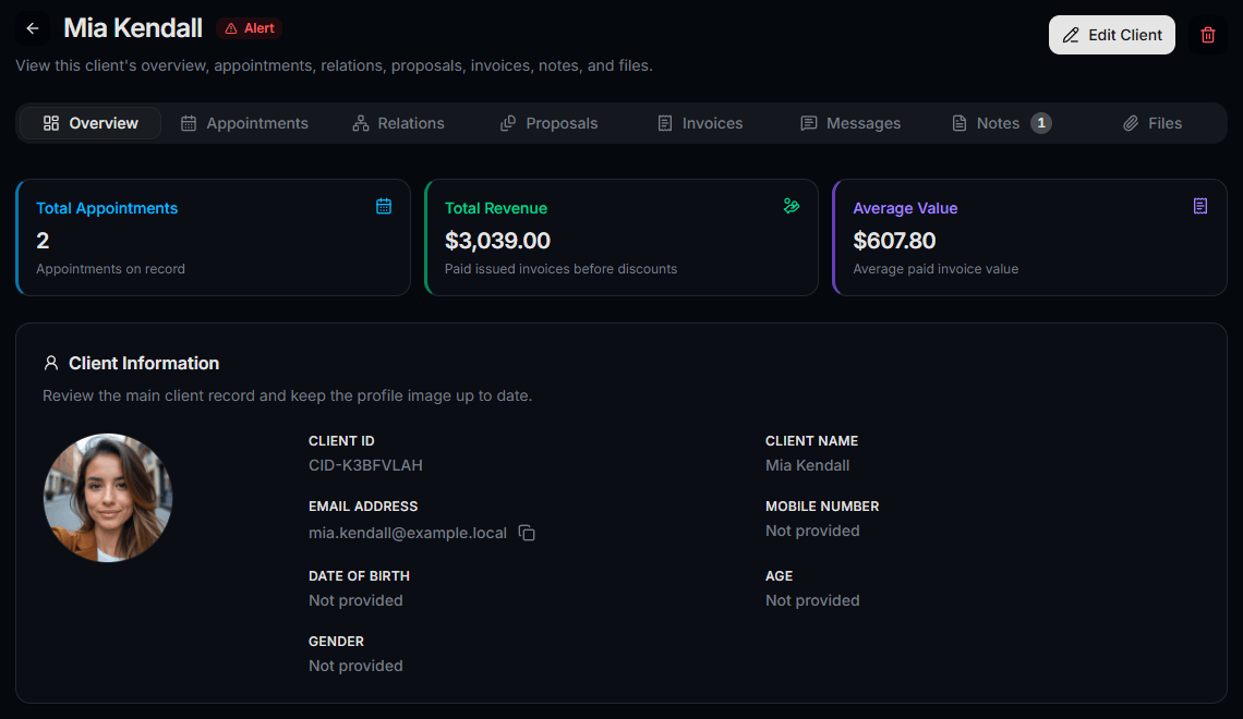 Client profile showing linked appointment history, invoices, and contact details